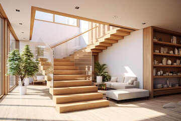 Modern Home Interior with Wooden Floors, Glass Railings, and Warm Sunlight