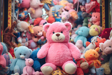 Claw Machine Delight: Pink Teddy Bear and Plush Toy Collection - obrazy, fototapety, plakaty