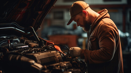 Panoramic image of a mechanic in a garage repairing a car engine with the bonnet open.