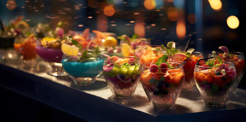 Close-Up Panoramic Image of an Elongated Table with Delicious Fruit Cocktails - obrazy, fototapety, plakaty
