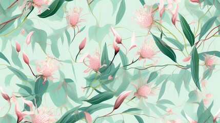  a green and pink floral wallpaper with leaves and flowers.  generative ai