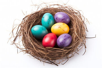 Fototapeta na wymiar Easter Nest with Colorful Eggs on White Isolated Backdrop