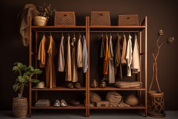 Wooden Wardrobe with Hanging Clothes in Warm Natural Tones