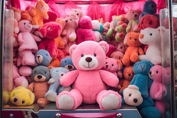 Adorable Pink Teddy Bear Surrounded by Plush Toys in a Claw Machine