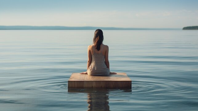 Woman sitting on wooden pier looking sea practicing yoga. AI generated image