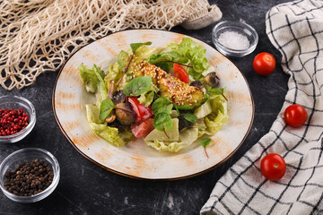 Eggplant, mushroom, tomato and lettuce salad