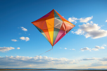 An imaginative kite flyer sending colorful kites soaring high in the clear blue sky. Concept of...