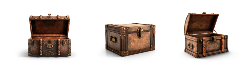 Zelfklevend Fotobehang mediaeval opened unlocked and closed locked treasure antique vintage chest with gothic or middle ages pirate crate engravement, old wooden game asset set isolated on transparent png background cutout © sizsus