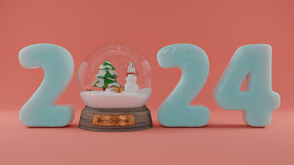 3d rendering, the date of the new year 2024 and a crystal sphere, a snow globe in which snow falls and there is a snowman and a Christmas tree. The idea of Christmas and New Year holidays