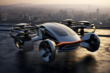 Self-driving passenger drone on the runway against the backdrop of the evening city