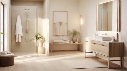 Fototapeta na wymiar a bathroom with a sink, mirror, and shower stall. generative ai