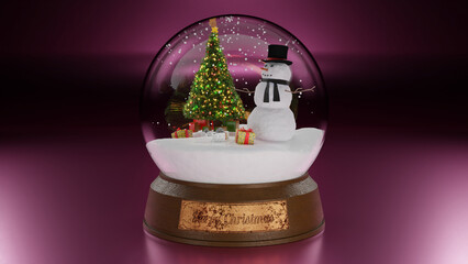 3d rendering. A Christmas souvenir, a crystal sphere, a snow glass ball with a Christmas tree and a snowman. New Year's gifts under the Christmas tree. Bronze plaque Merry Christmas.
