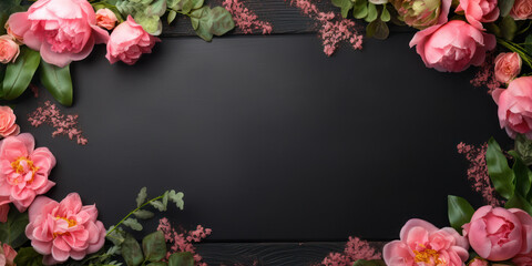 Frame of flowers. Top view chalkboard with pink peonies for your greetings. Copy space for text.Greeting card for of Valentines day or birthday. Womens day, mother's day