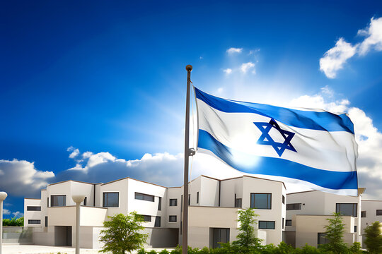 Israel flag against blue sky and residential buildings
