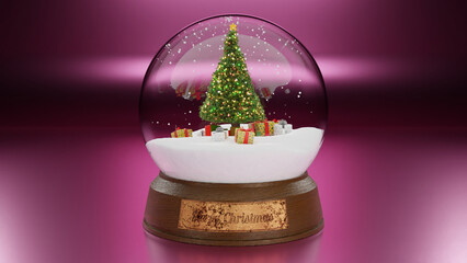3d rendering. A New Year's souvenir, a crystal sphere, a snow glass ball with a Christmas tree. New Year's gifts under the Christmas tree. Bronze plaque Merry Christmas. Christmas 3d illustration