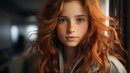 portrait of a beautiful red - haired girl with freckles and freckles. the girl looks into the camera and smiles