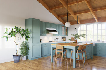 Kitchen interior with high ceiling and wood in the interior. 3d rendering.