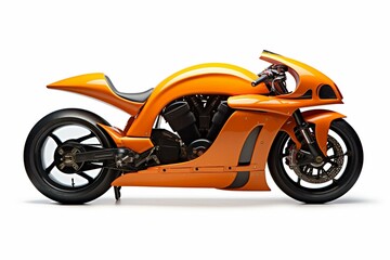 Side view of orange motorcycle facing left on white background, depicting a sporty concept. Generative AI