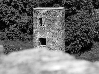 Old celtic castle tower among the trees with blurred stone in the front, Blarney castle in Ireland, old ancient celtic fortress - obrazy, fototapety, plakaty