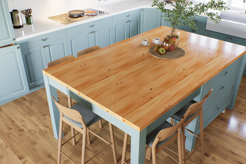 Top view of a kitchen island with a wooden countertop.