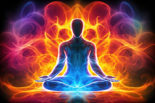 The body of a person meditating in flames, in front of dark background, bold lines, vibrant color, radiant neon patterns - AI Generated