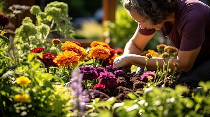 woman planting vibrant flowers, ideal for gardening enthusiasts and tutorials - obrazy, fototapety, plakaty