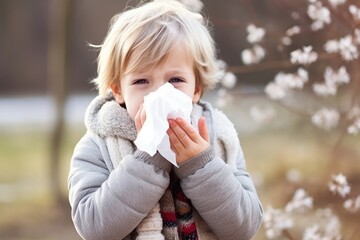 child blowing their nose, young kid sneezing in handkerchief - obrazy, fototapety, plakaty