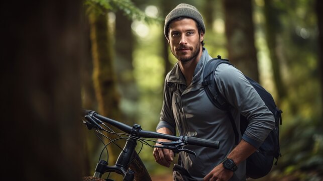Young athletic man standing with bicycle in nature forest. AI generated image