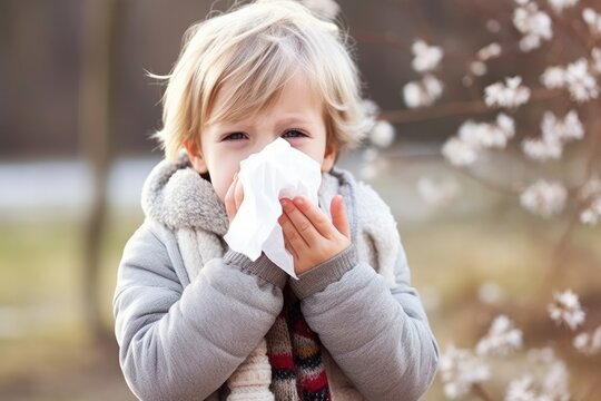 child blowing their nose, young kid sneezing in handkerchief