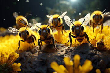 little darlings cuties a bees, honey, a laborer, a hard worker, yellow and black striped animals cheerful joyful happy nice eyes, insect bumble-bee wasp hornet. - obrazy, fototapety, plakaty