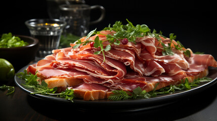 fresh sliced ham and salad on black table