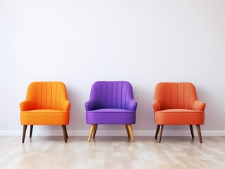 Modern colorful chairs sitting against a white wall generative ai