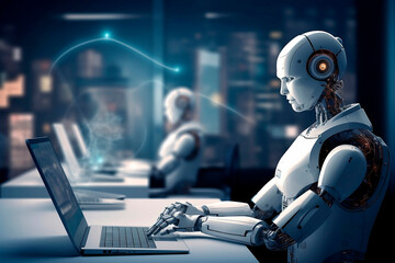 a robot working with a laptop in an office with a futuristic background and style, advancement of artificial intelligence and its possibilities
