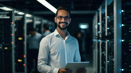 indian server engineer smiling in data center, Data Protection Engineering Network for Cyber Security. Business Concept - obrazy, fototapety, plakaty