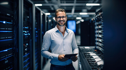 server engineer smiling in data center, Data Protection Engineering Network for Cyber Security....