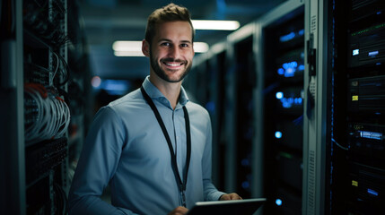 server engineer smiling in data center, Data Protection Engineering Network for Cyber Security. Business Concept - obrazy, fototapety, plakaty