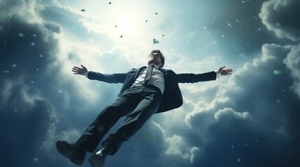 Obraz na płótnie Canvas Businessman relaxing lie down on clouds. AI generated image