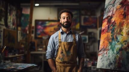Fototapeta na wymiar Smiling male artist in apron working in art studio