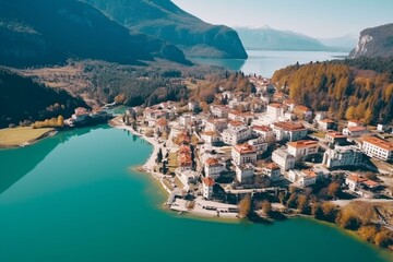 Aerial view of Giannena city and Pamvotida lake in Epirus, Greece. Generative AI