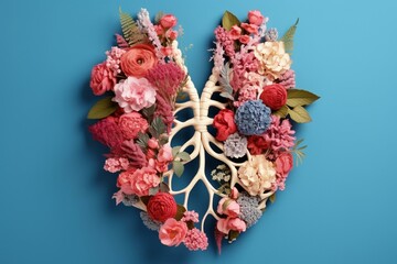 Floral lungs with blooming roses, peonies, chrysanthemum, eucalyptus. Bronchial tree on blue background. Generative AI - obrazy, fototapety, plakaty