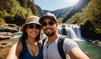 Couple taking selfie with waterfall in background. Man and woman wearing sunglasses and hats.