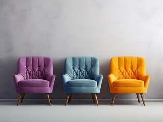 Modern colorful chairs sitting against a white wall generative ai