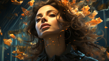beautiful young woman in red dress with butterfly in the garden © GENERATIVE AI