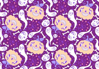 Halloween cartoon pumpkins seamless ghost and skulls pattern for wrapping paper and fabrics and kids clothes print