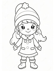 winter and christmas coloring page for kids girl with hat