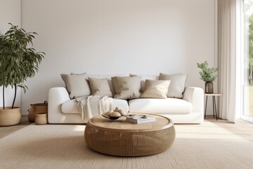 Cozy, contemporary living room with white sofa, wooden floor and beige walls. Bright and airy space with stylish furniture and comfortable seating.