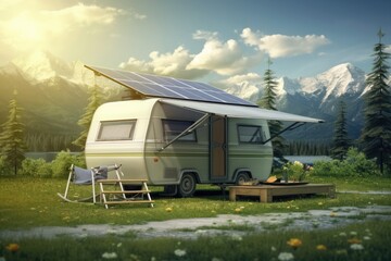 Eco-friendly campervan with solar panels, providing clean energy for road trip journey.