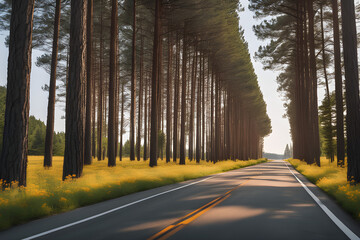 Pine trees grow tall and straight on both sides of a straight two-lane asphalt road, and wild flowers grow under the trees. There are no cars or people on the road, Generation AI