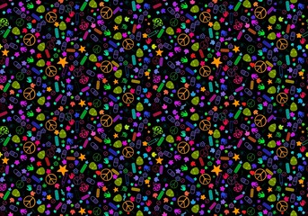 Cartoon retro sign seamless peace and aliens and pills and flower pattern for wrapping paper and fabrics and linens 
