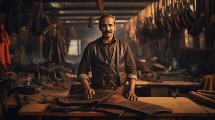 Obraz premium Craftsman at Work: Skilled Carpenter in Workshop